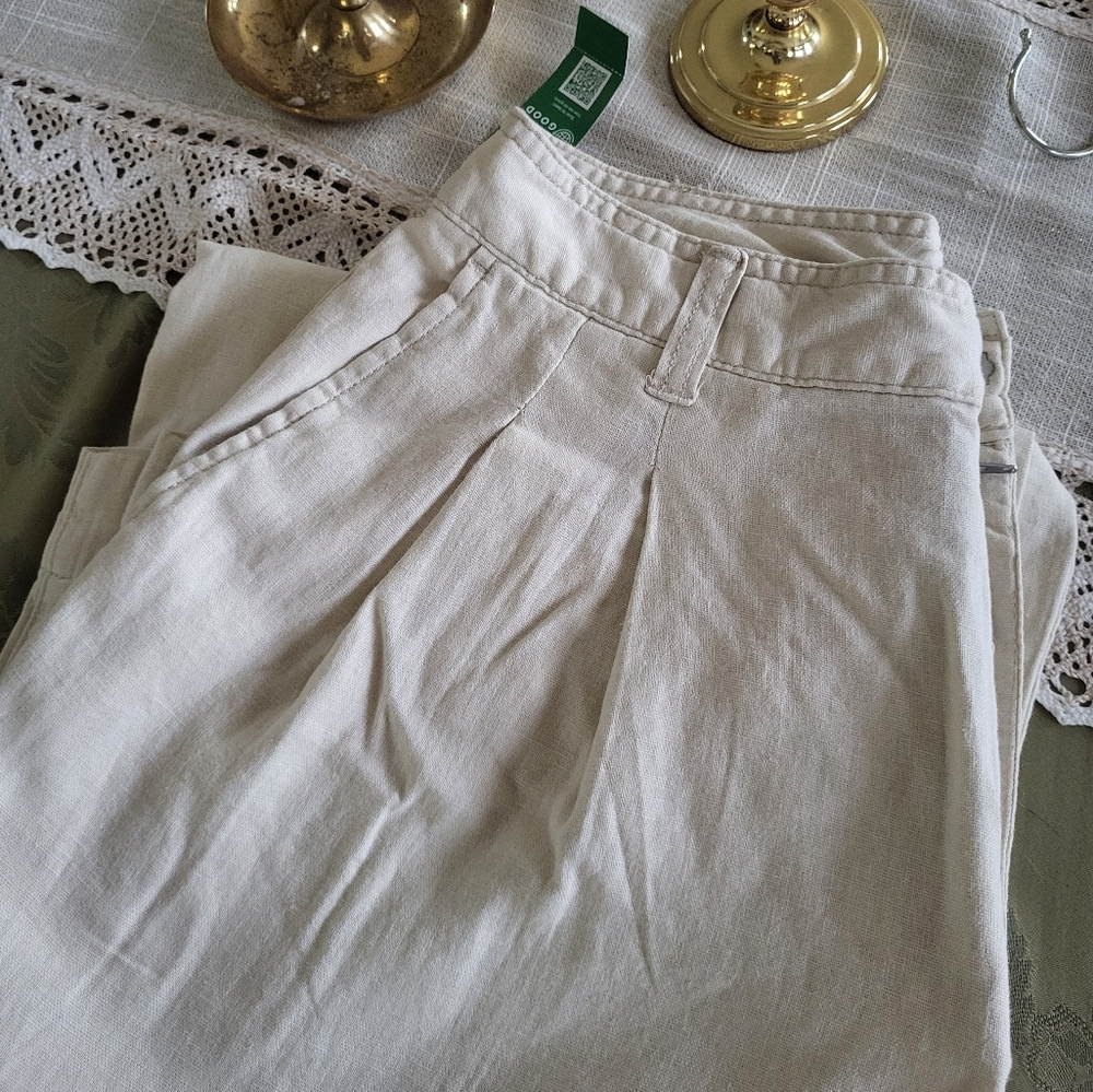 Beige Linen Wide Leg Pants
